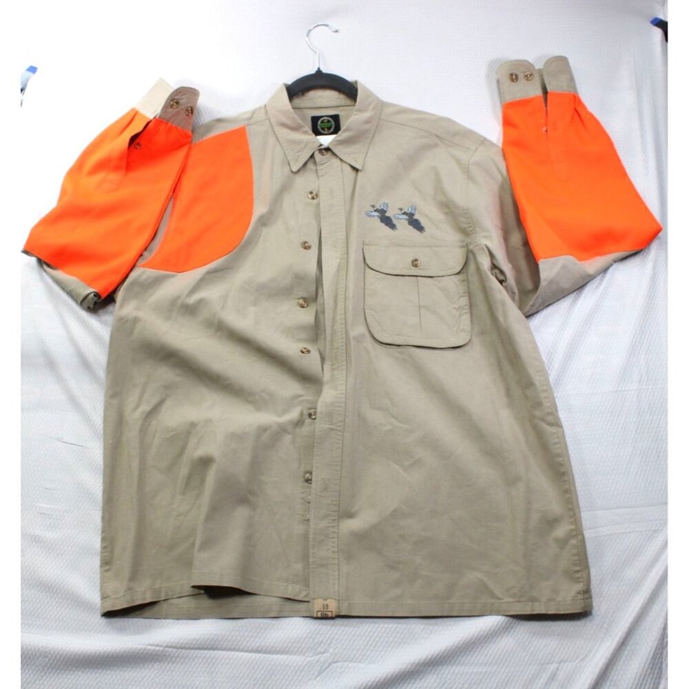 Hunters Select Mens Khaki & Orange Hunting Shirt L 100% Cotton With‎ Embroidered